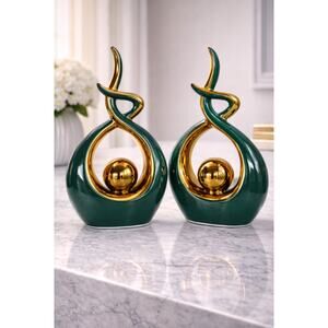Modern Abstract Green & Gold Ceramic Sculptures Pair | 11” Decor Accents